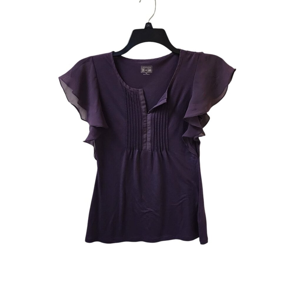 Converse One Star Purple Top XS Ruffle Flutter Sheer Sleeves Split Neck Pleated